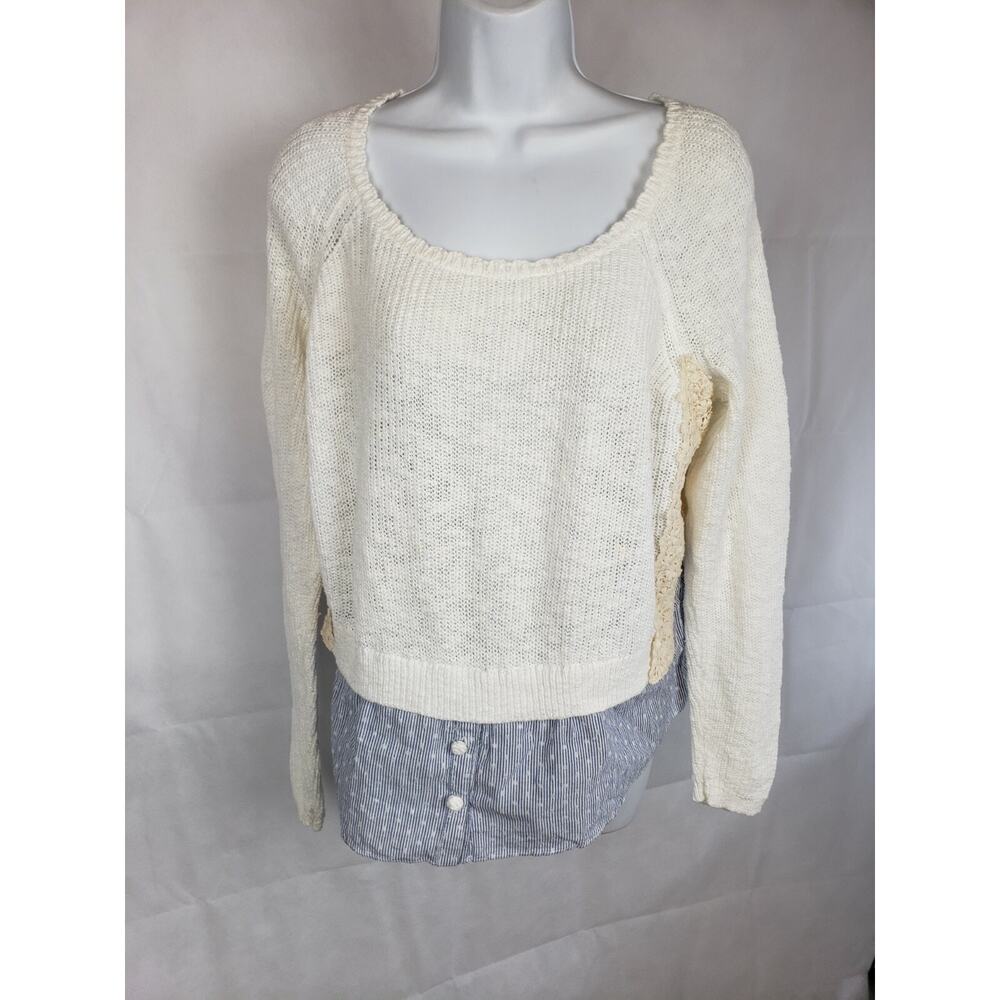 EUC Moth Anthropoligie Women's White Long Sleeve Sweater‎ Size L Polka Dots Lace